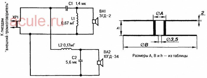Принципиальная электрическая схема доработки акустической системы 10АС9